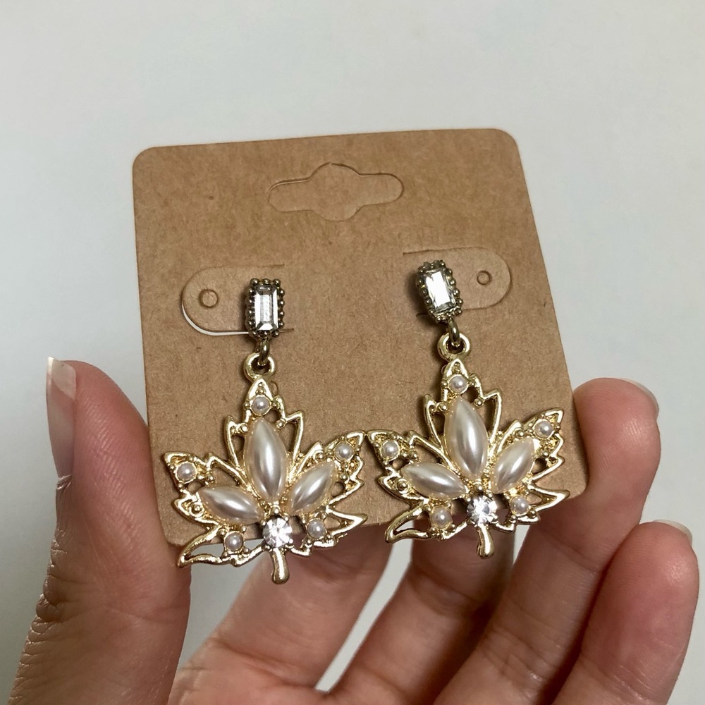 Faux Pearl Gold Leaf Drop Earrings